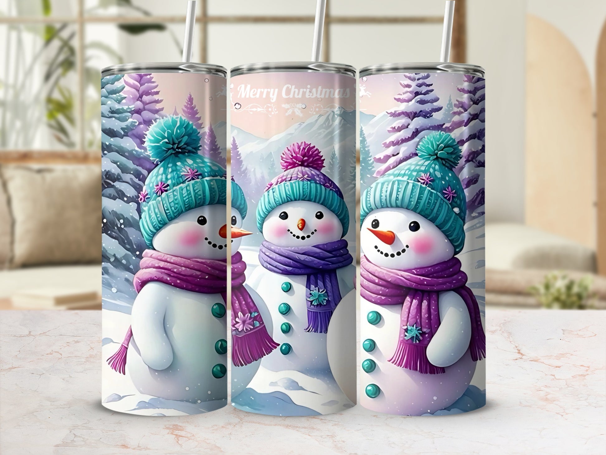 Cute Snowman with Purple Scarf Christmas Tumbler