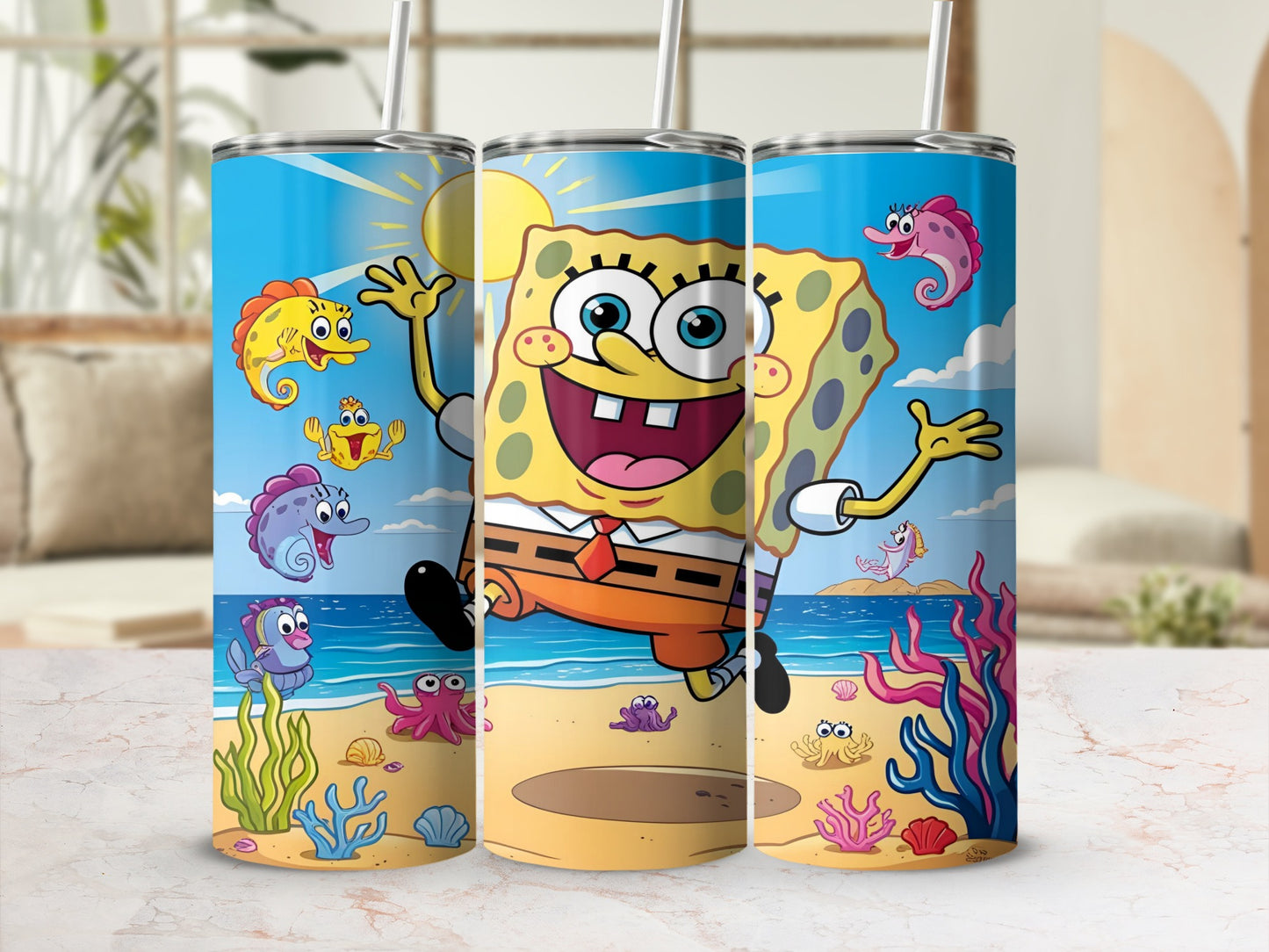 SpongeBob SquarePants running with seahorse, fish, and seaweed on sandy beach.