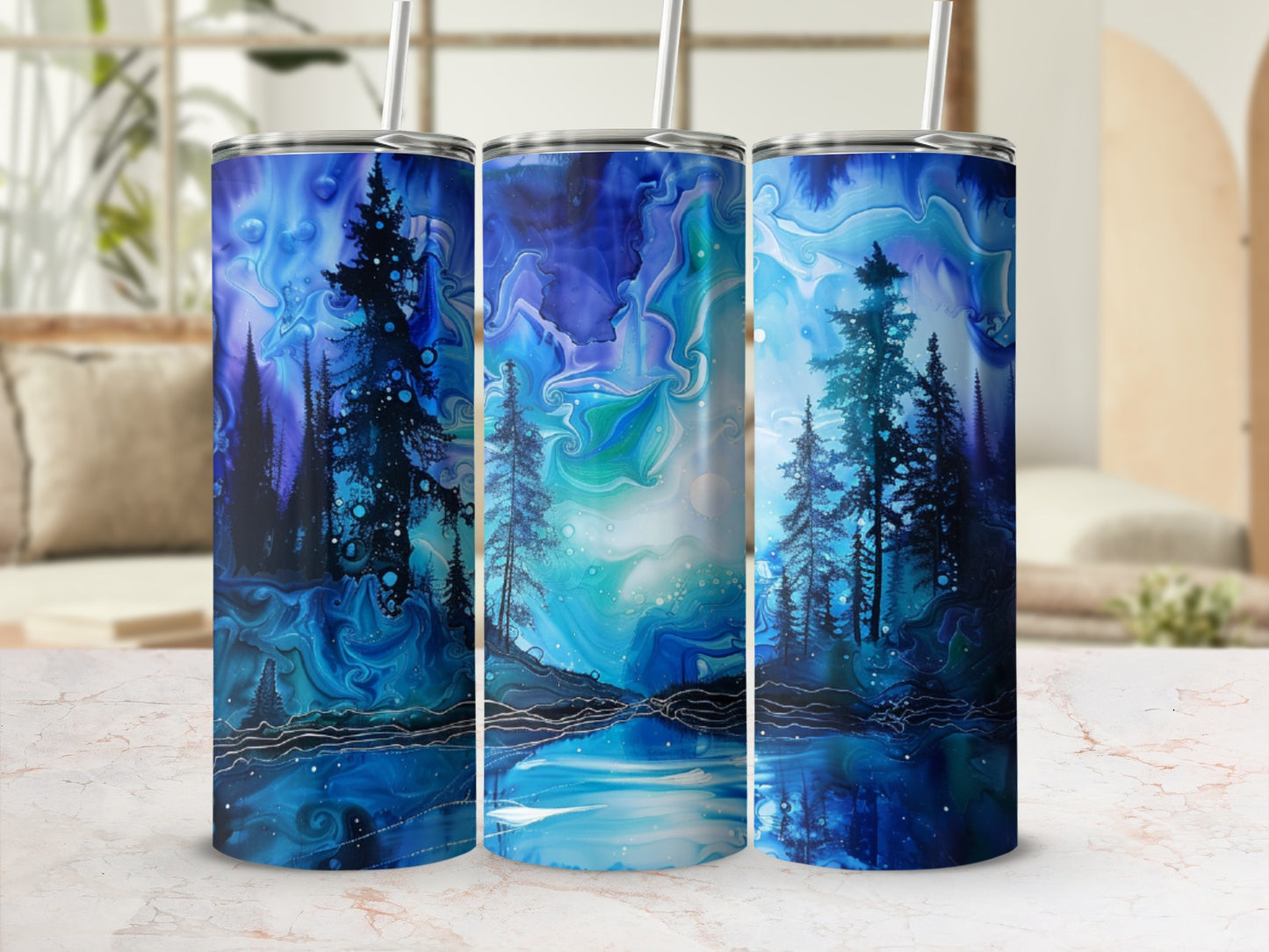Three tumblers featuring a dark forest scene with a reflective lake under a swirling blue sky.