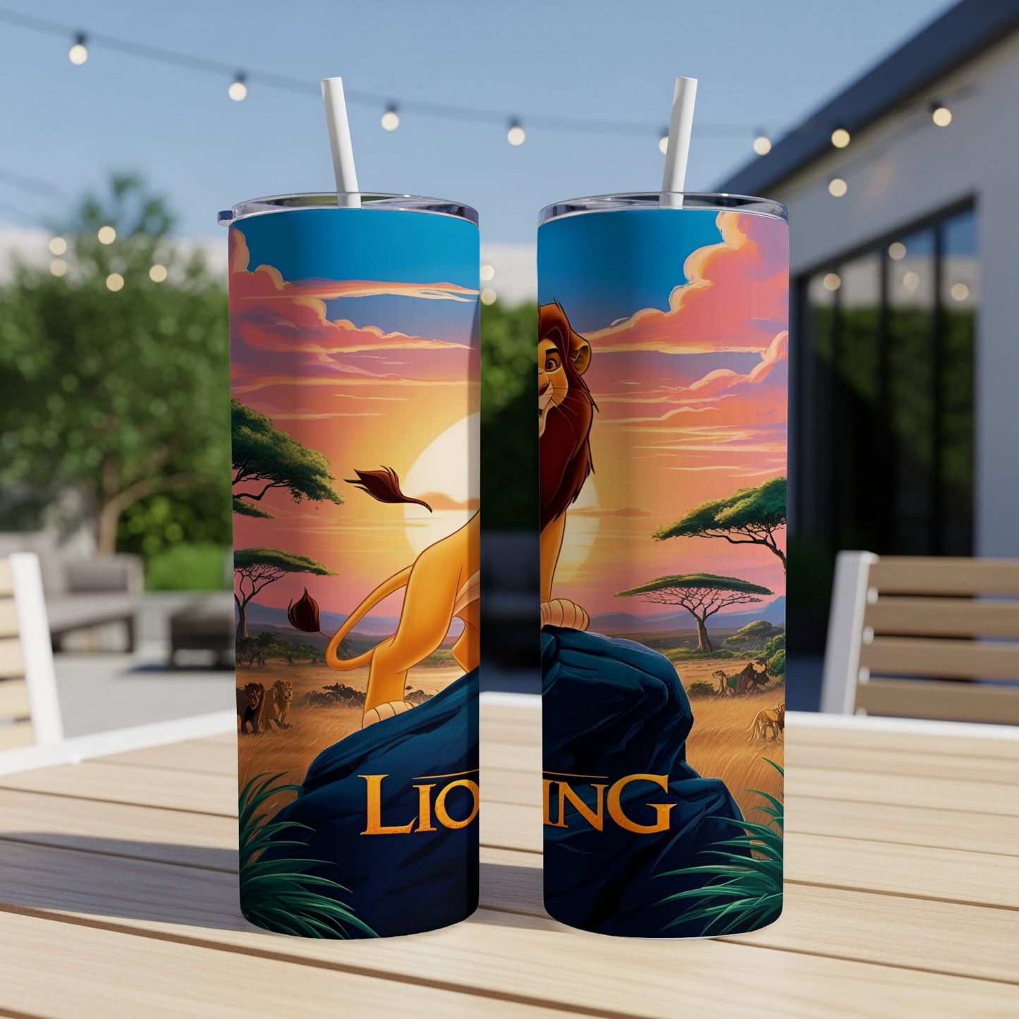 The Lion King characters on a blue rock with a sunset background.