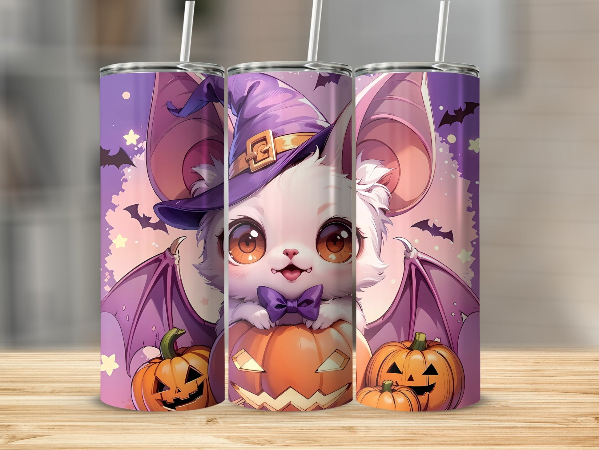 Cute white bat wearing witch hat and purple bow tie on Halloween tumbler.