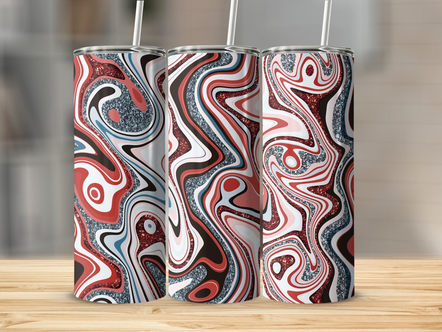 Swirling Reds Blues Browns with Glitter Accents Tumblers