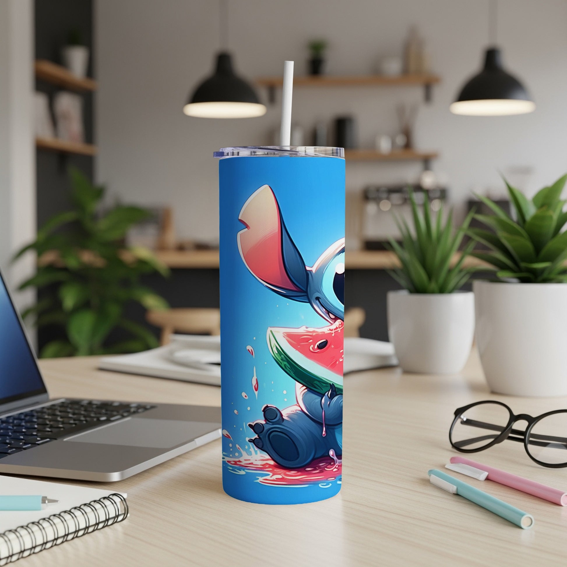 Blue tumbler with Stitch character eating watermelon.