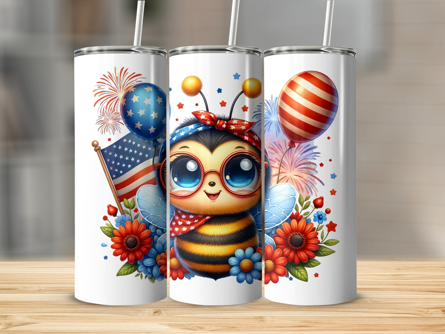 Cute bee with patriotic decorations on a tumbler, ideal for Independence Day.