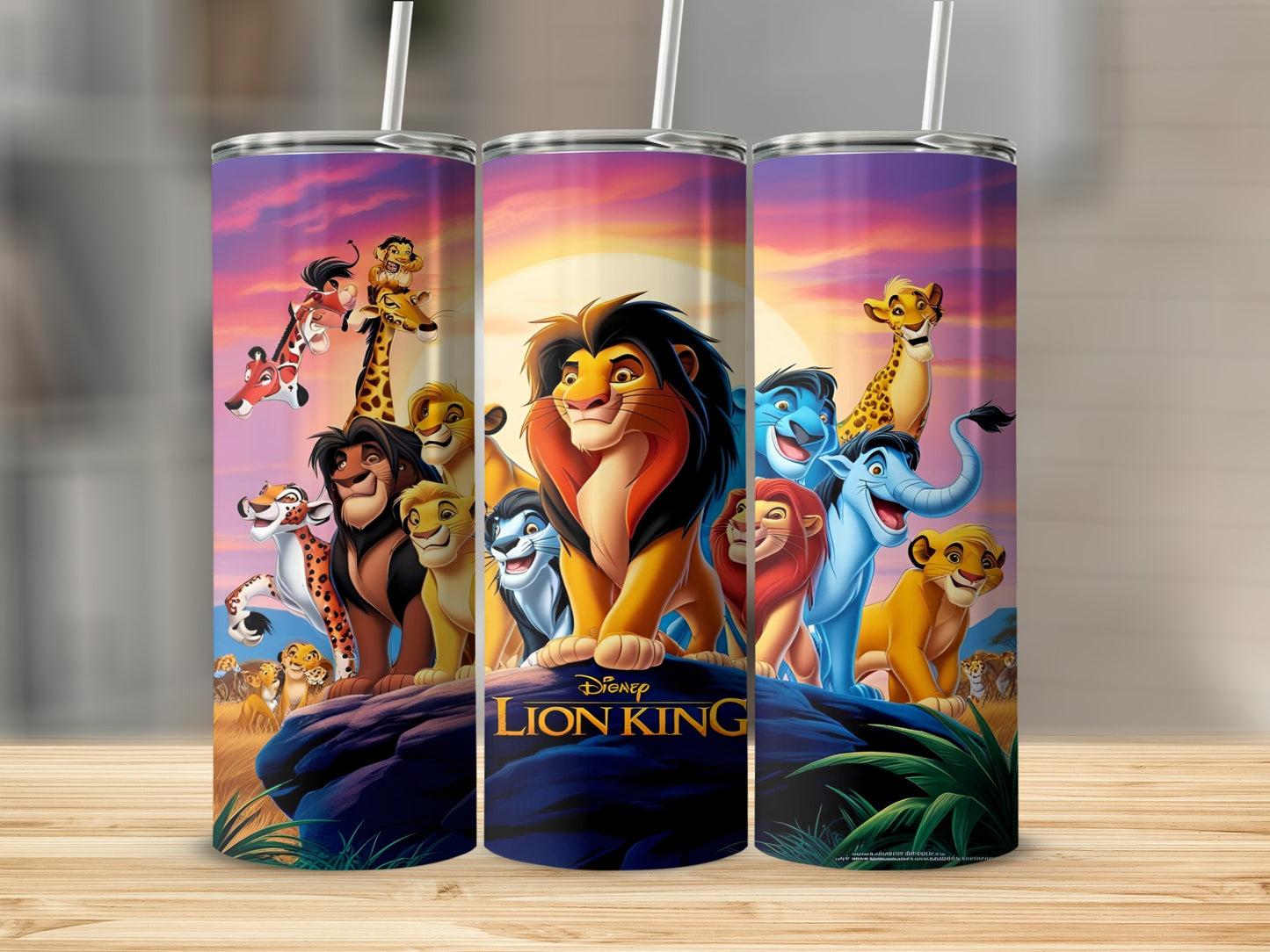 Disney's The Lion King characters gather on Pride Rock with sunset sky.