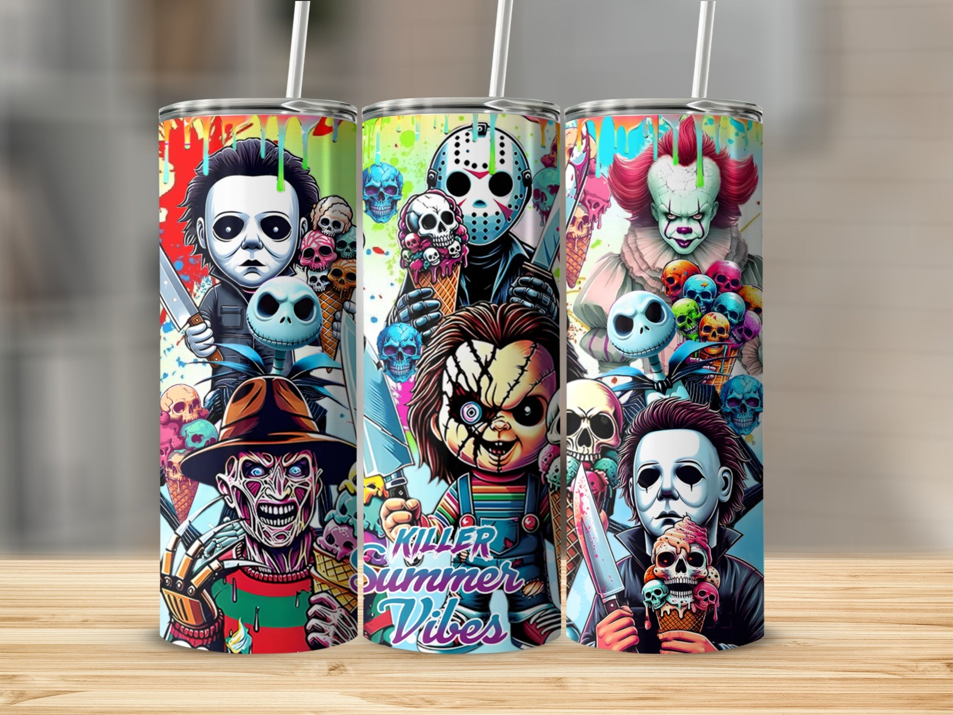 Three tumblers featuring horror characters with ice cream and skulls, text reads "Killer Summer Vibes."