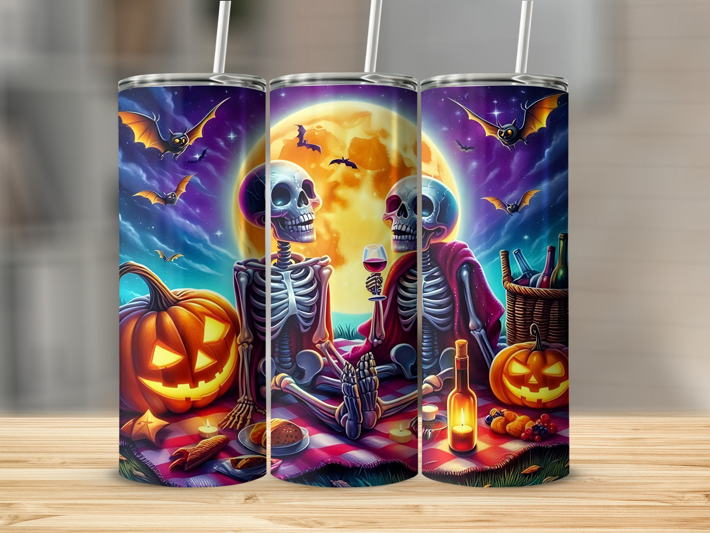 Vibrant Skeleton Halloween Picnic Scene Tumbler