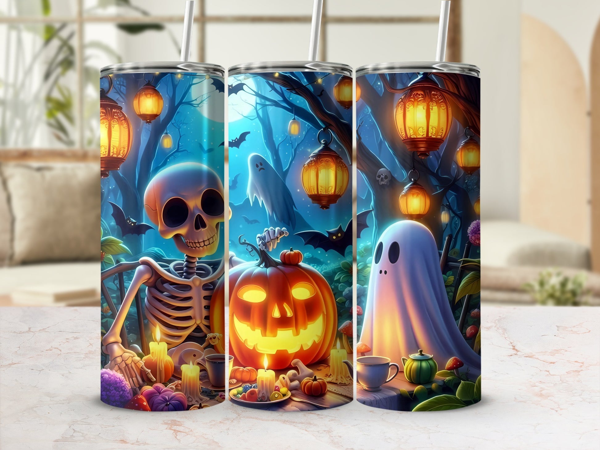 Spooky Halloween Skeleton and Ghost Themed Tumbler Set