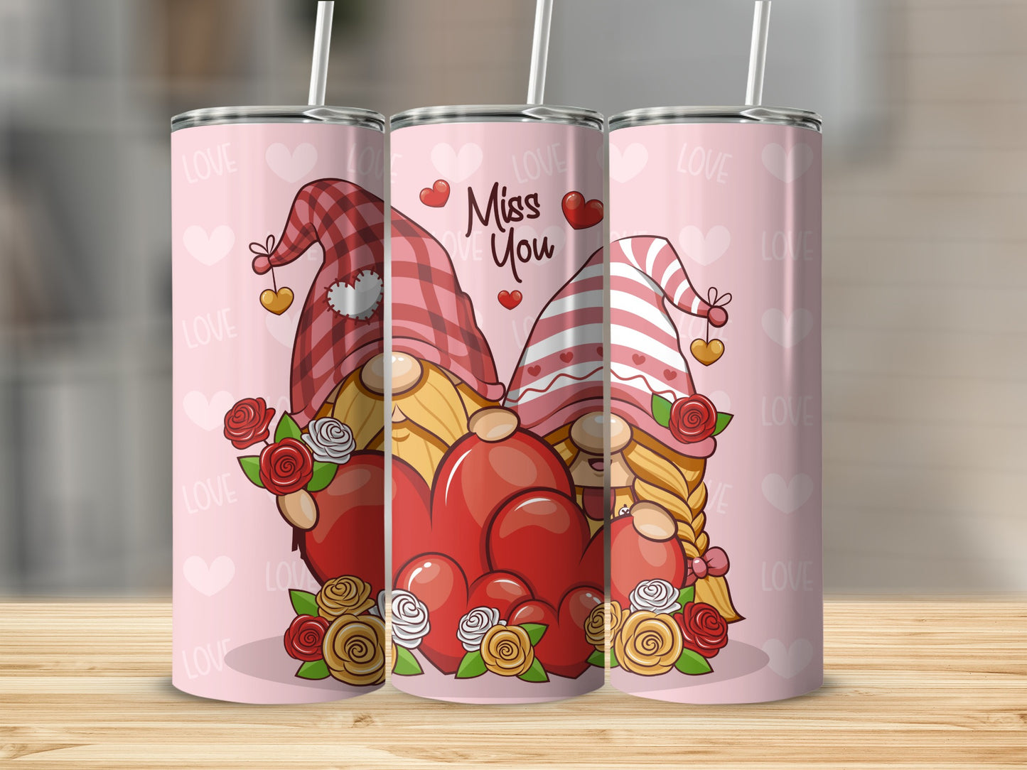 Miss You Gnomes with Hearts and Flowers Tumbler