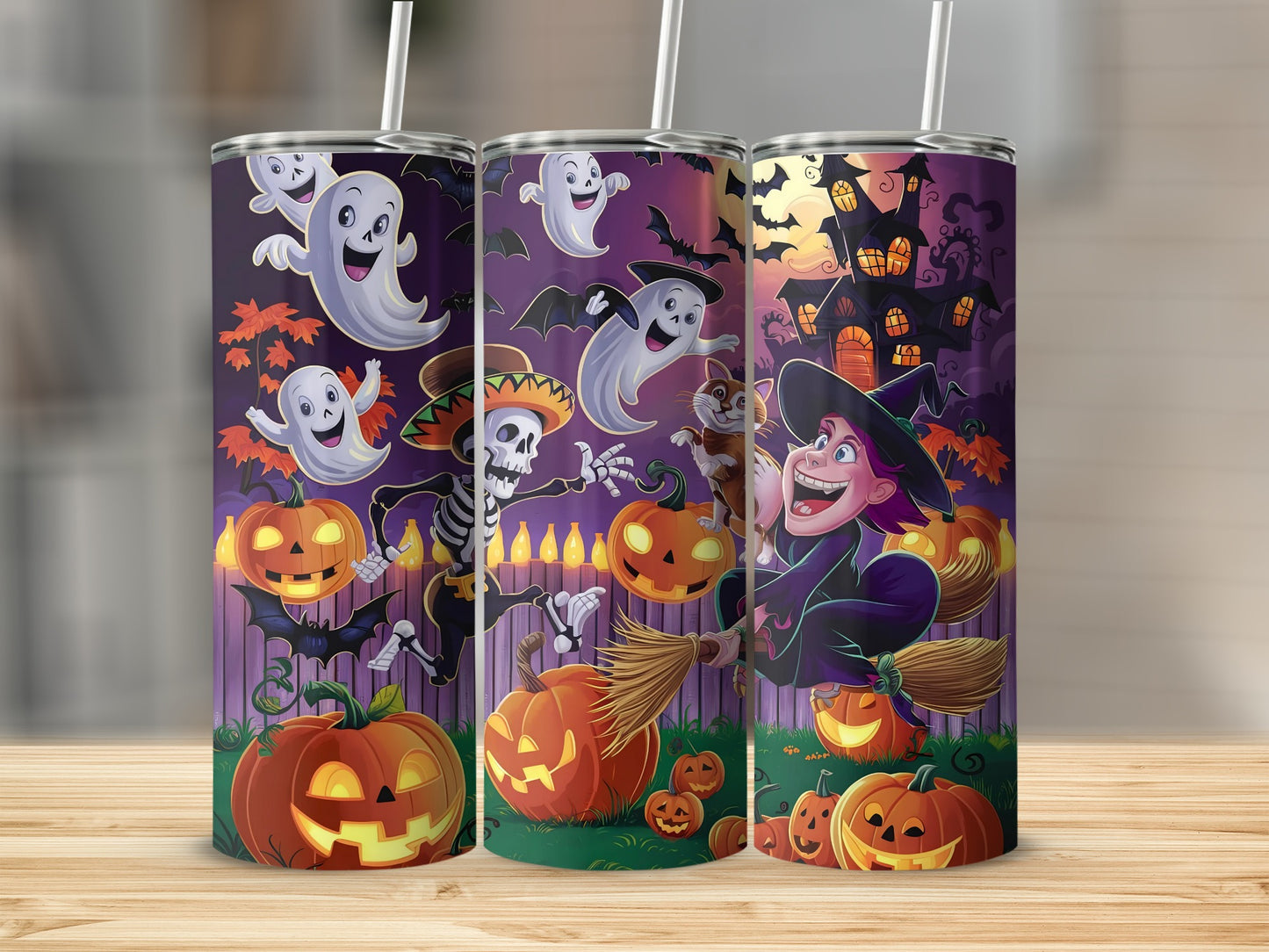 Halloween tumbler with ghosts, skeleton, witch, pumpkins, bats, and haunted house.