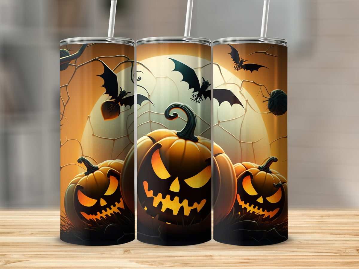 Three Halloween tumblers with jack-o'-lanterns, bats, and spiderwebs against an orange moon.