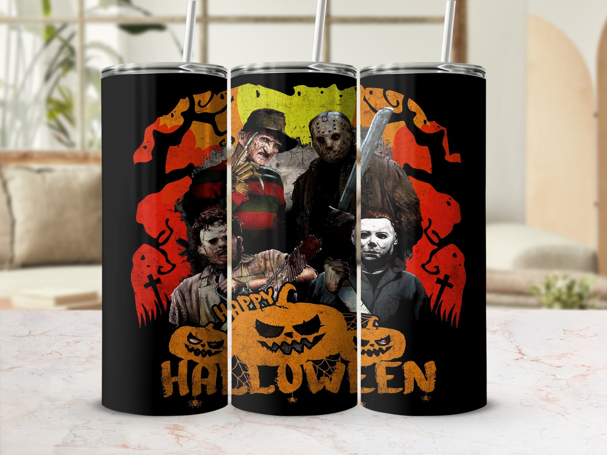 Halloween tumbler with horror movie characters and a jack-o'-lantern.