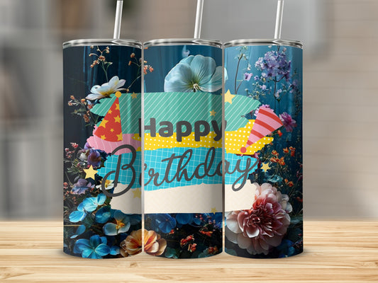 Three tumblers with floral patterns and "Happy Birthday" text.