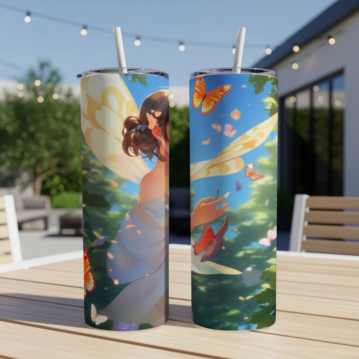 Fairy with butterflies on a white tumbler with straw, outdoors.