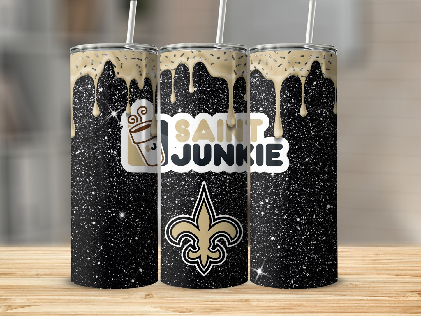 Black Glitter Saint Junkie Design Stainless Steel Tumbler