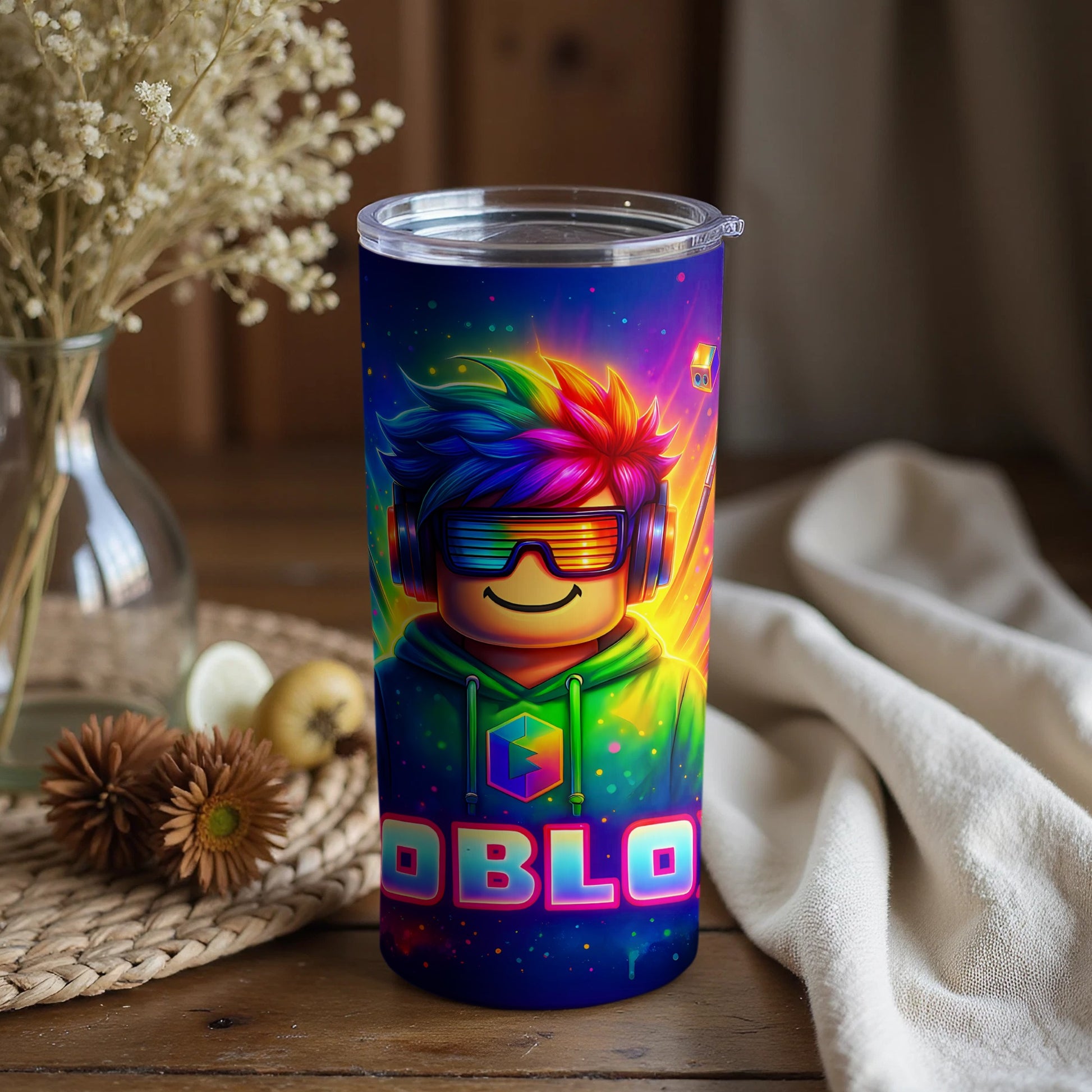Vibrant Gaming Character Design on Colorful Tumbler