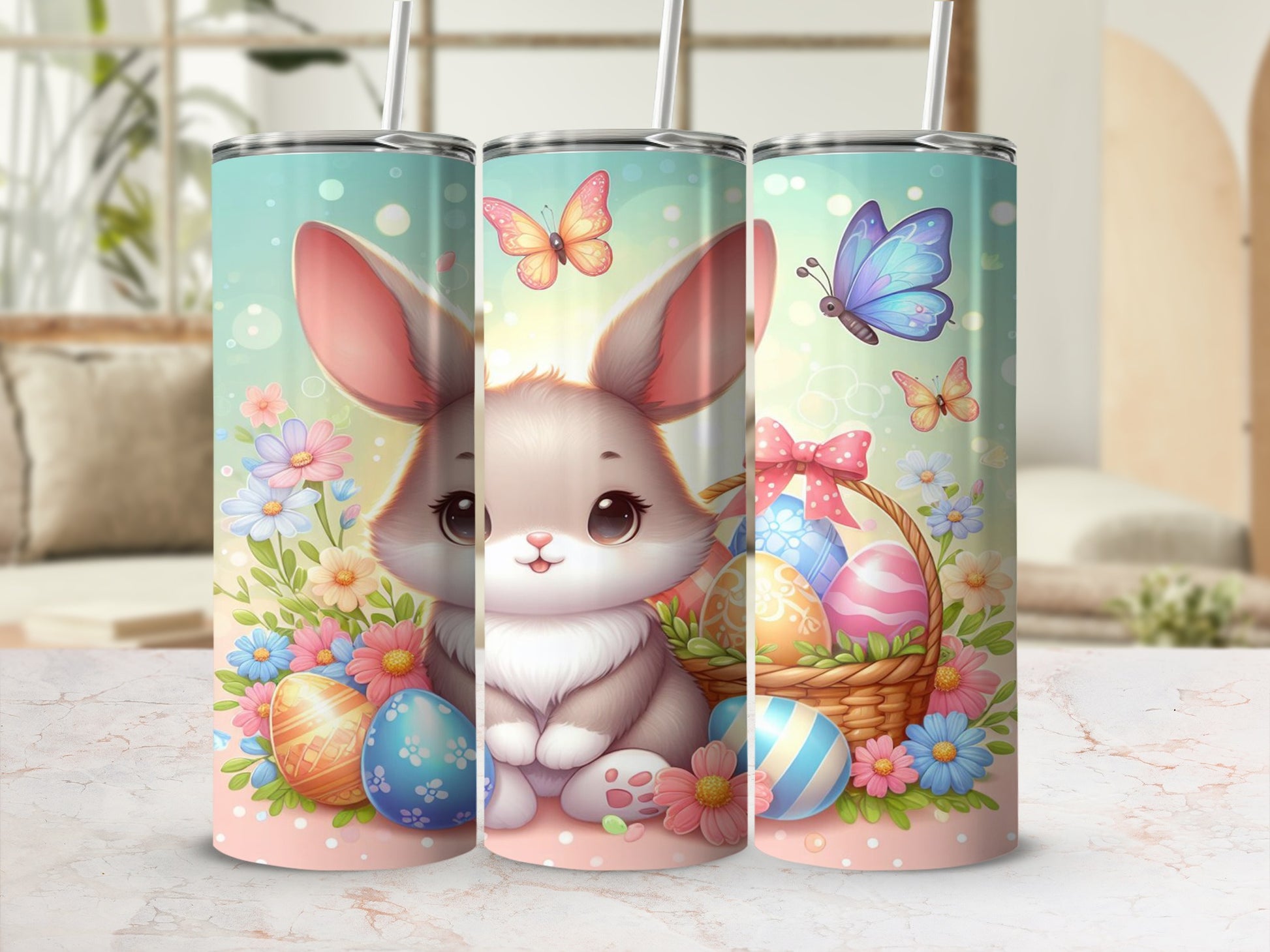 Cute bunny with butterflies and Easter eggs on a pastel background.