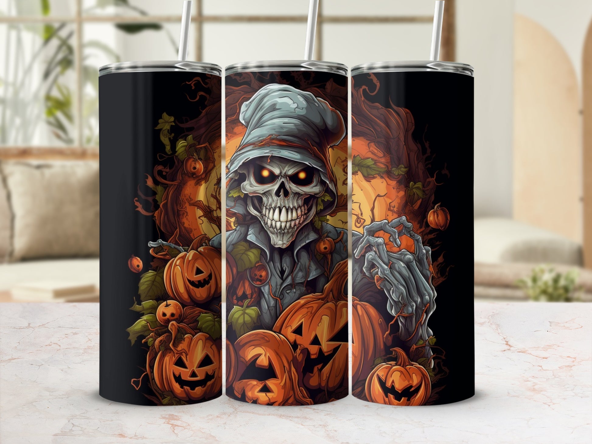 Three tumblers featuring a spooky scarecrow surrounded by Jack-o'-lanterns and autumn leaves.