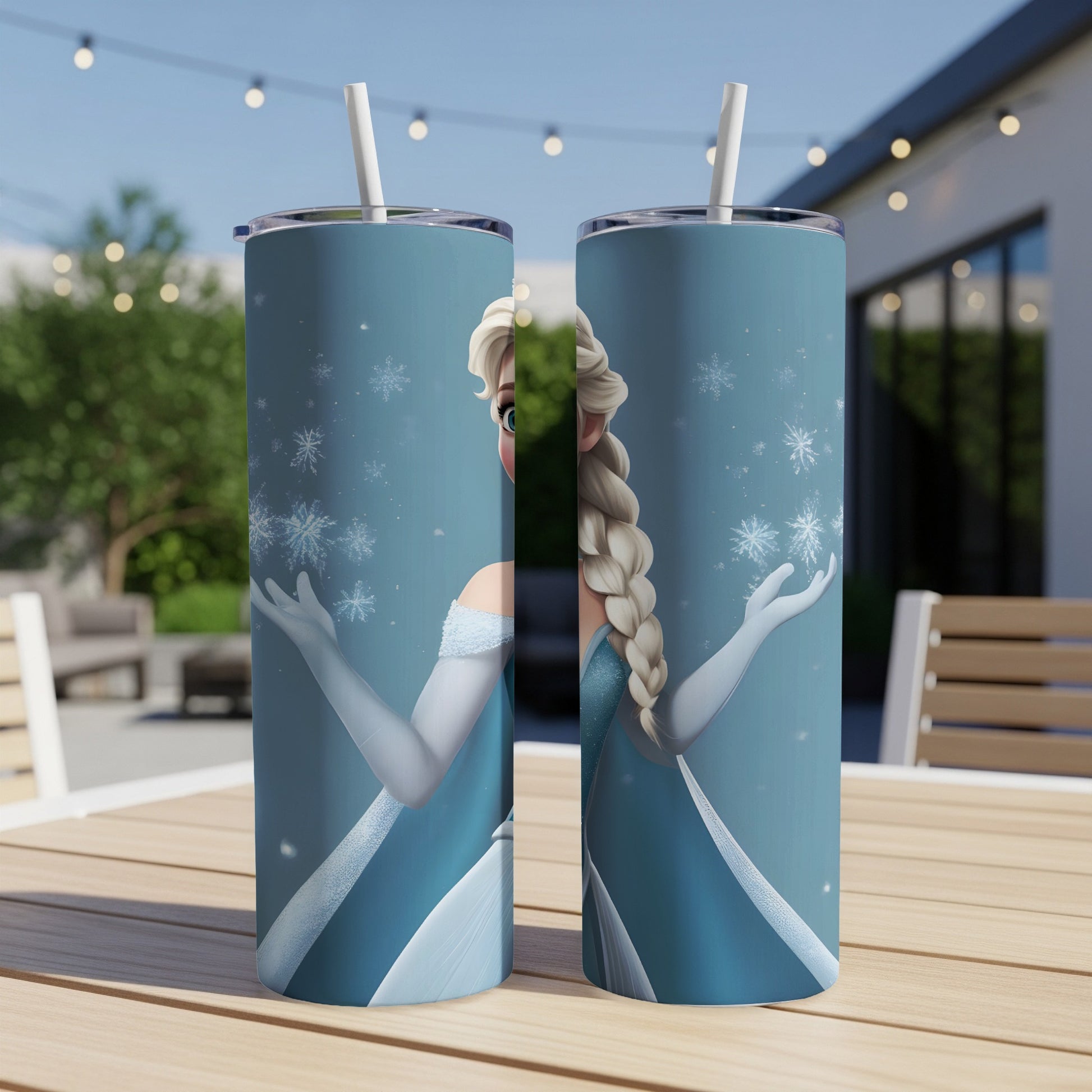 Elsa from Frozen with snowflakes on a blue background tumbler.