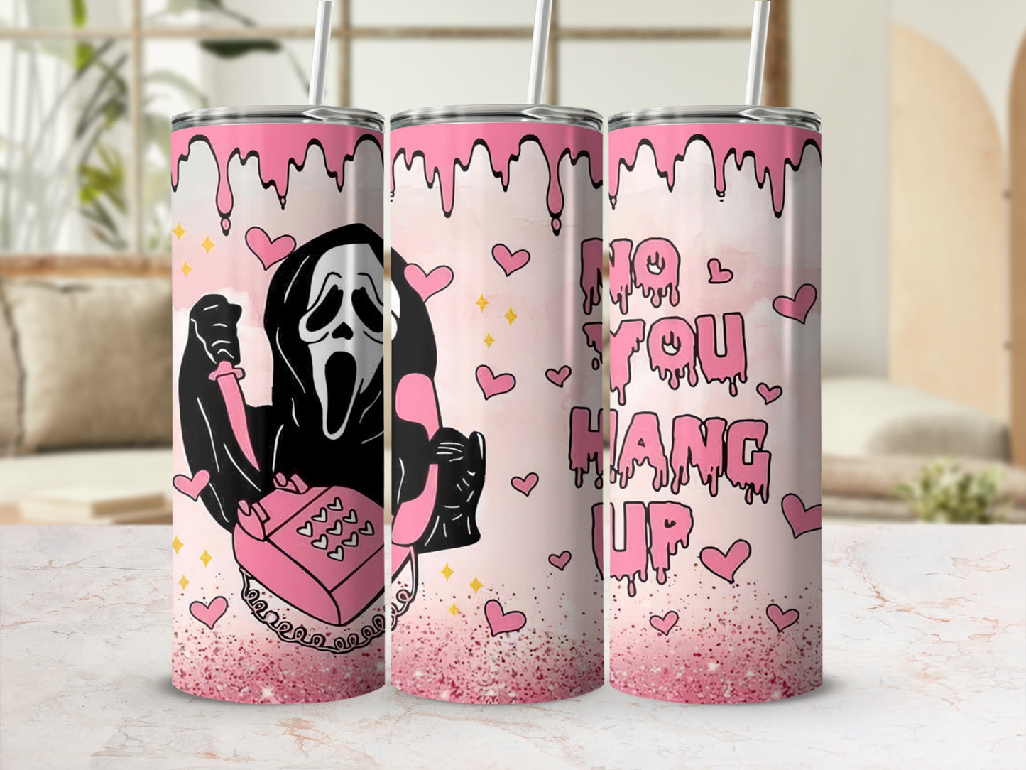 Ghostface with pink rotary phone and "No you hang up" text.