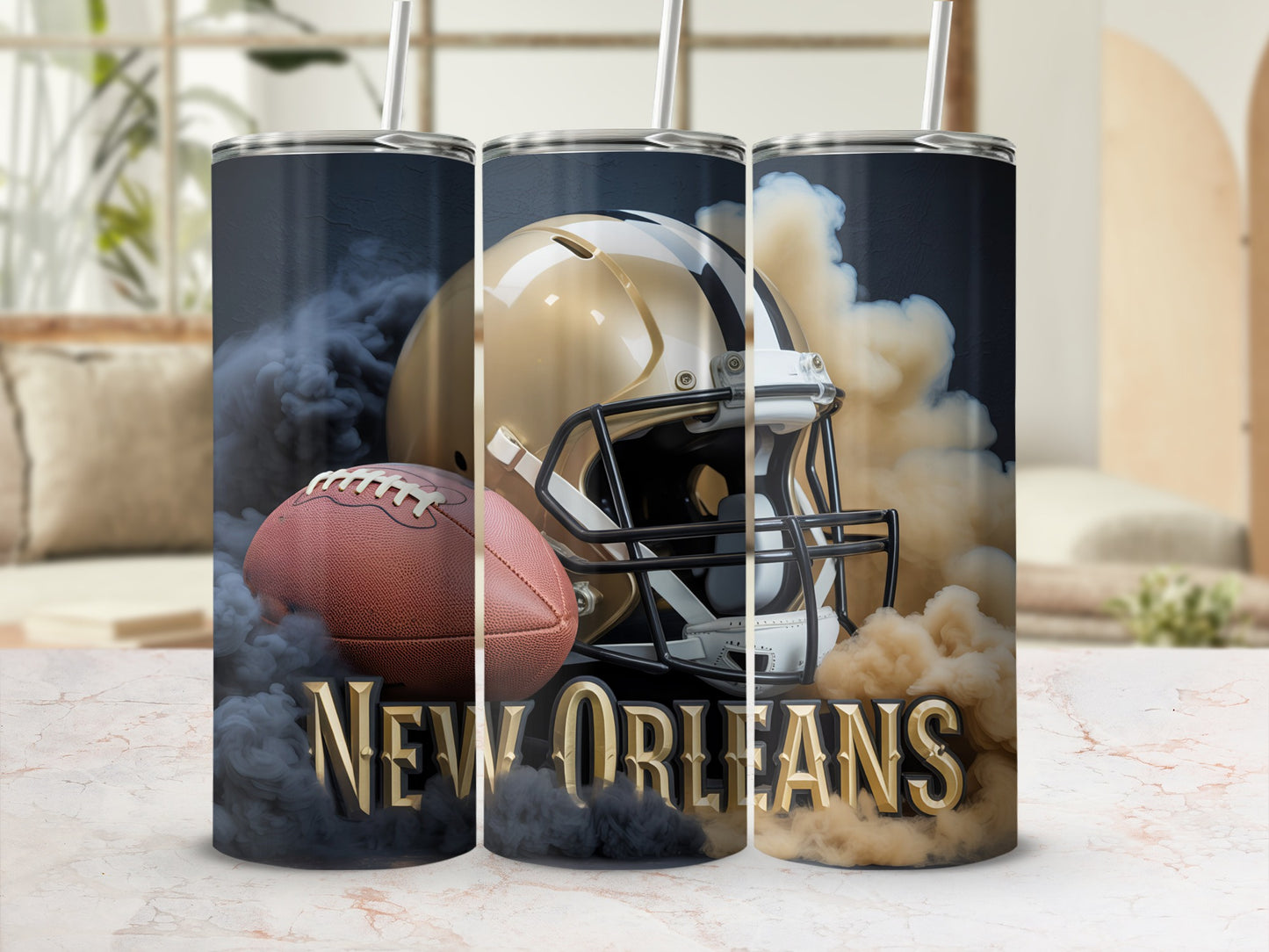 New Orleans Saints football helmet and ball with smoke, on a marble surface.