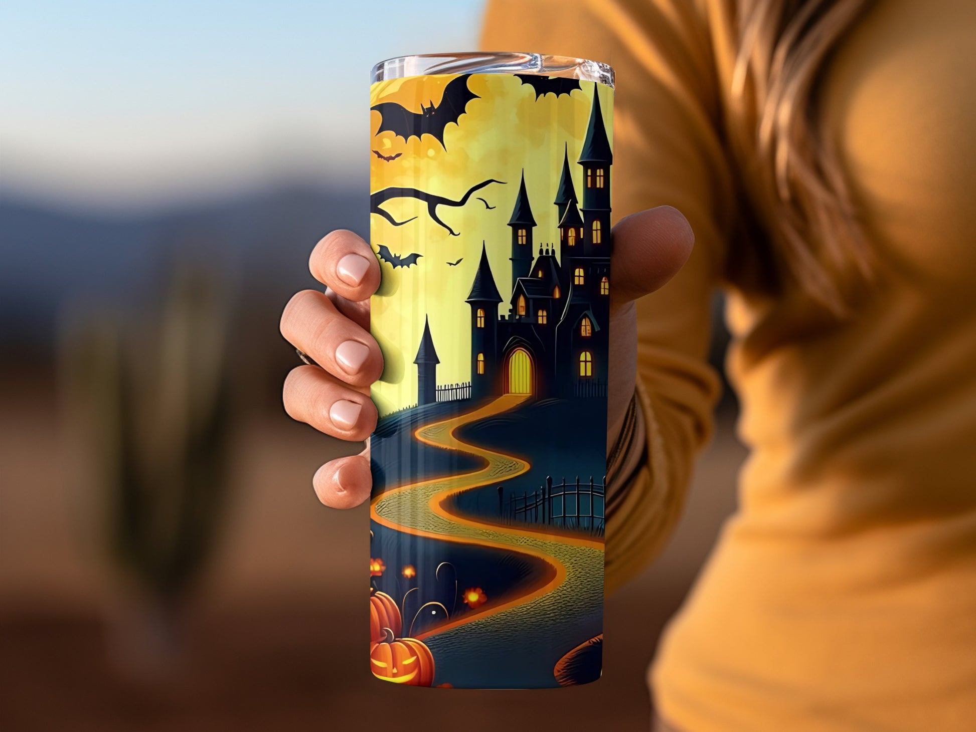 Spooky Halloween Castle and Bats Tumbler Product
