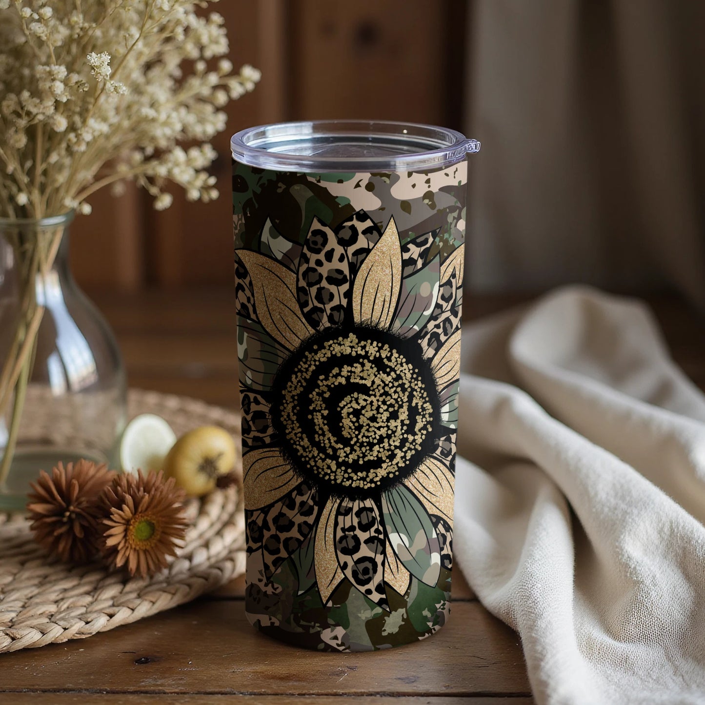 Camouflage Sunflower Tumbler Cup with Lid Travel Mug