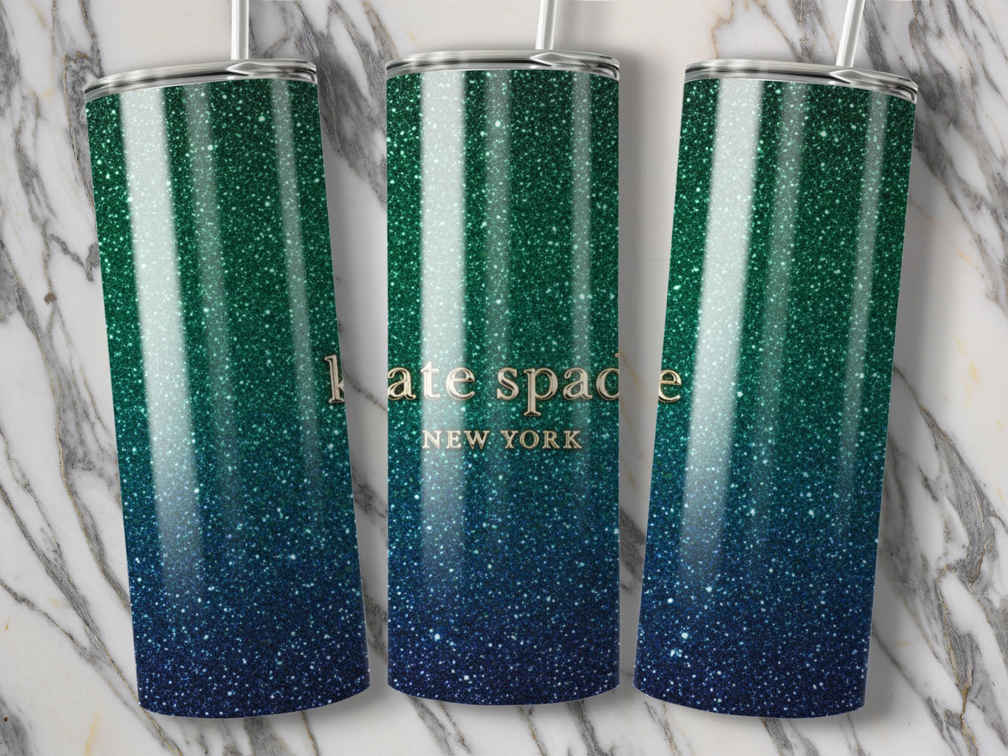 Kate Spade Inspired New York Teal Blue Gradient Glitter Tumblers