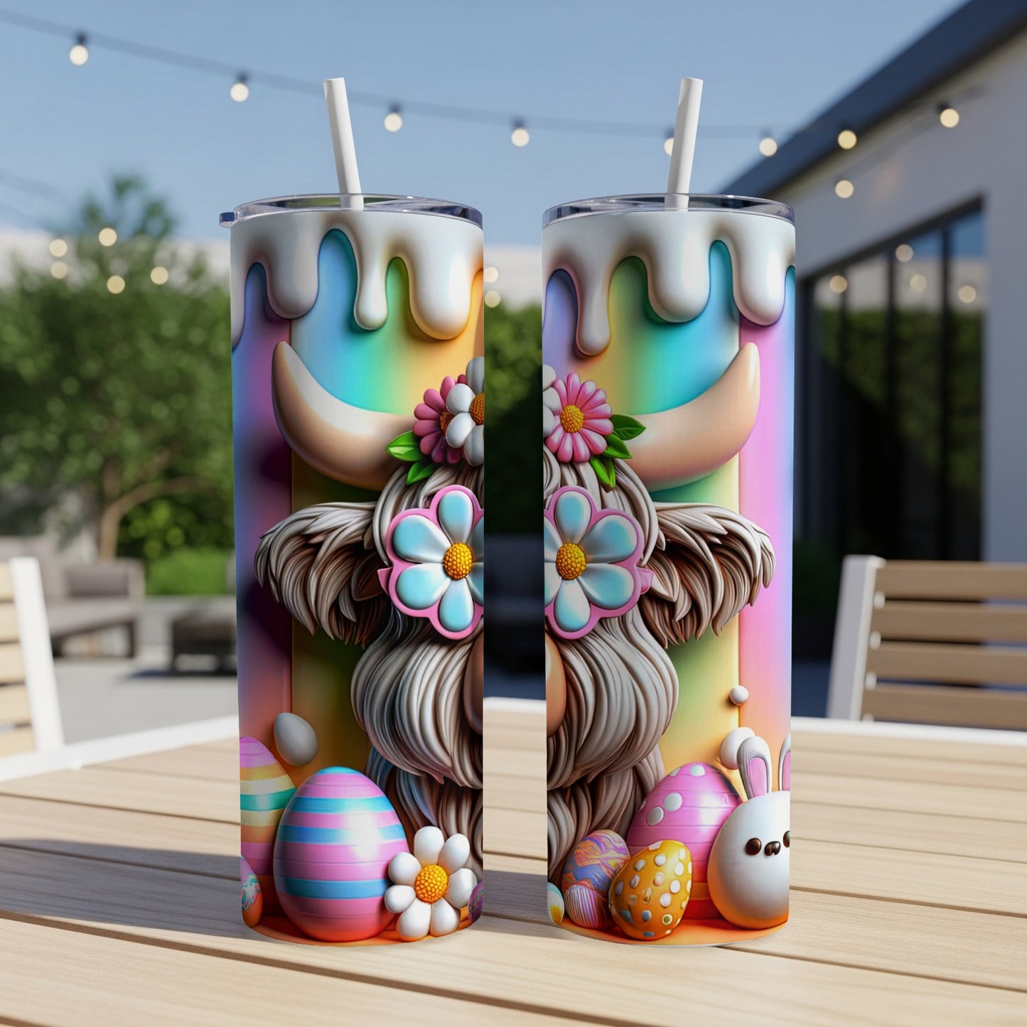 Two Highland cows with Easter eggs and flowers on a table.