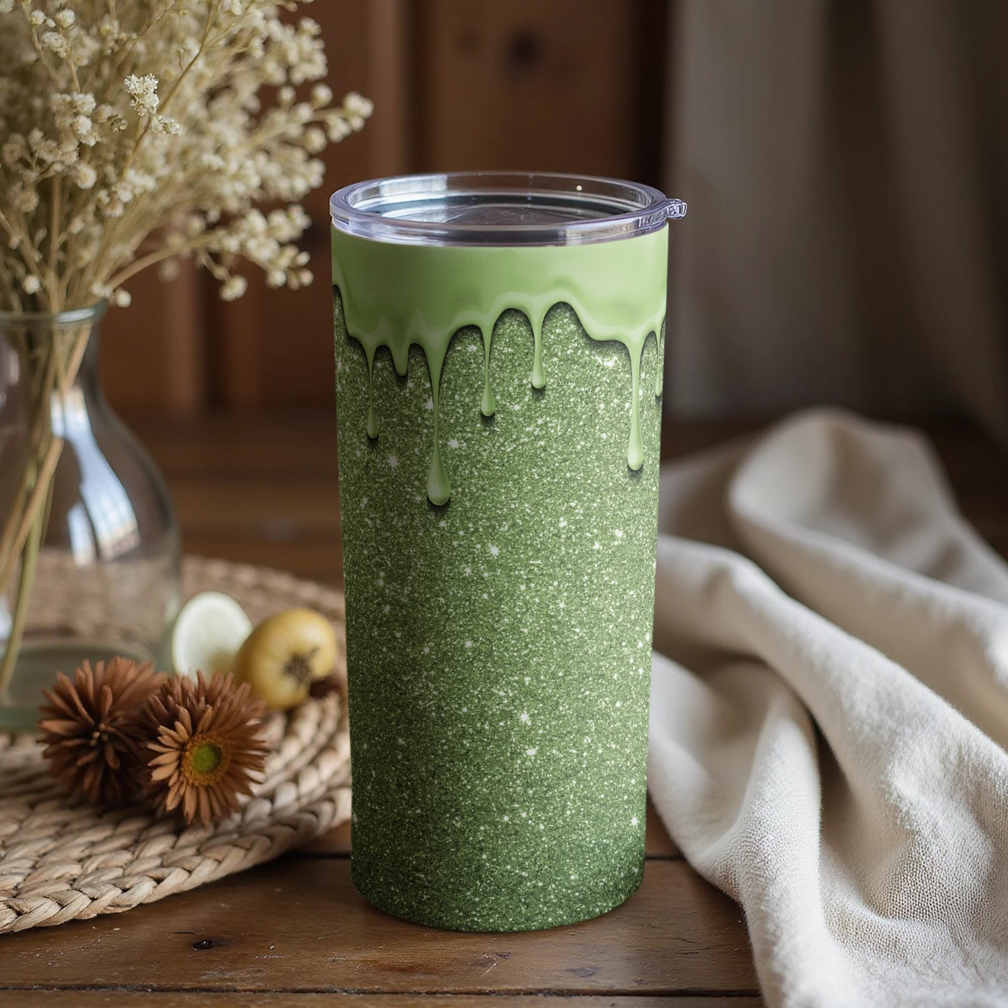 Green and White Glitter Drip Design Tumbler Cup