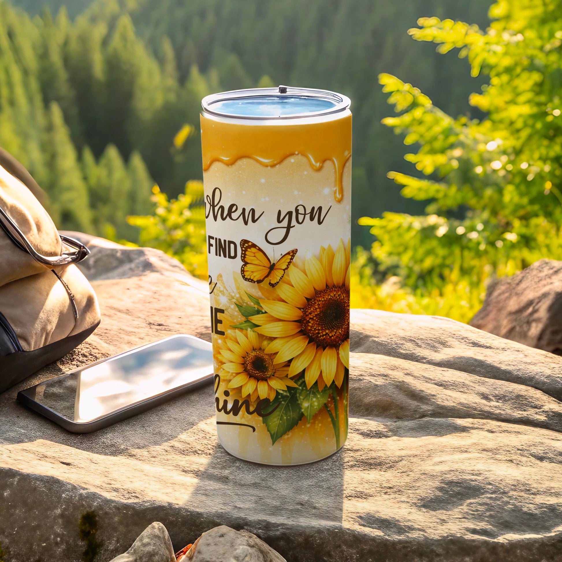 Sunflower tumbler with butterfly and inspirational text, "When you find yourself".