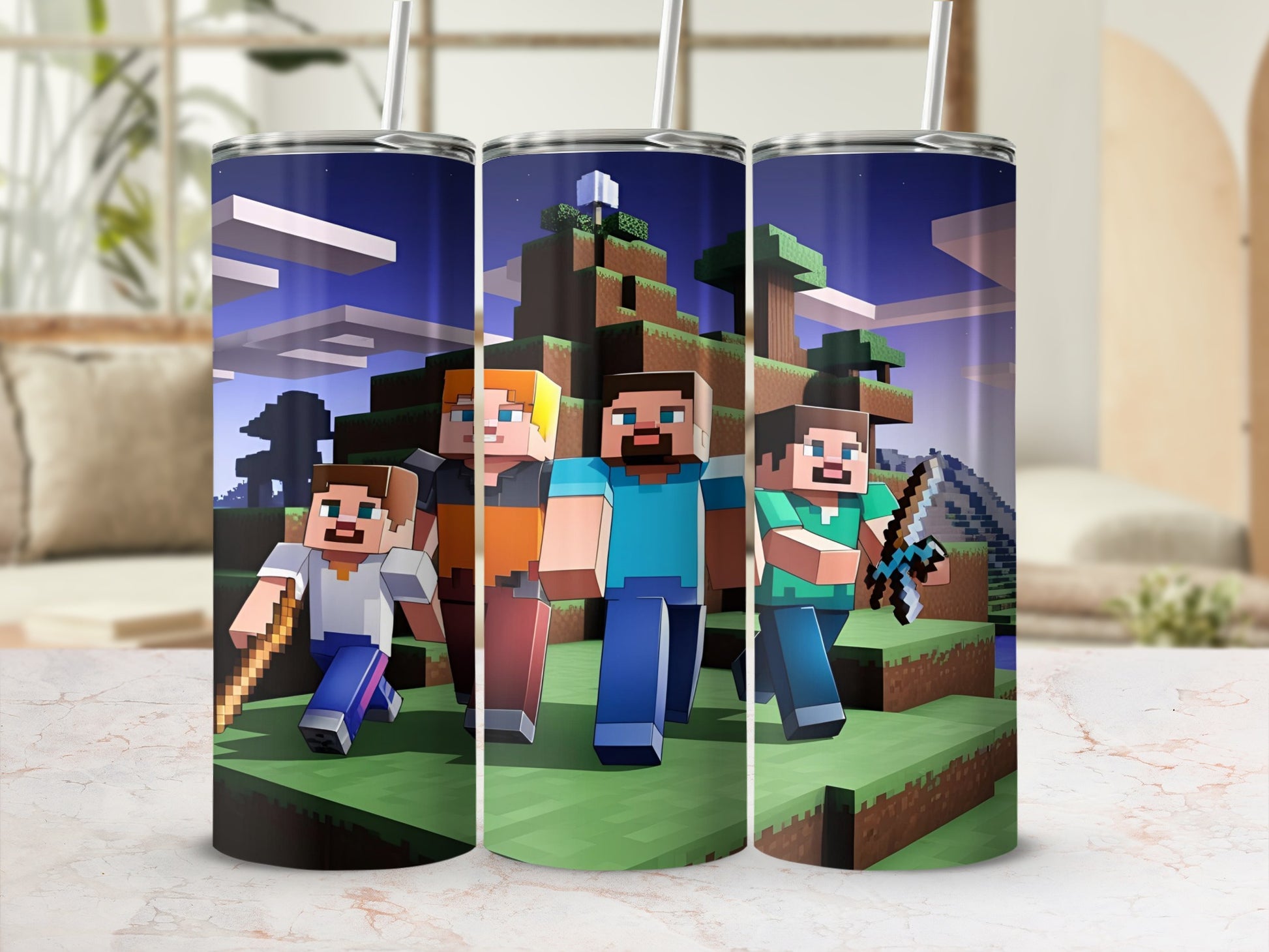 Minecraft characters walking through a blocky landscape with pixelated trees.