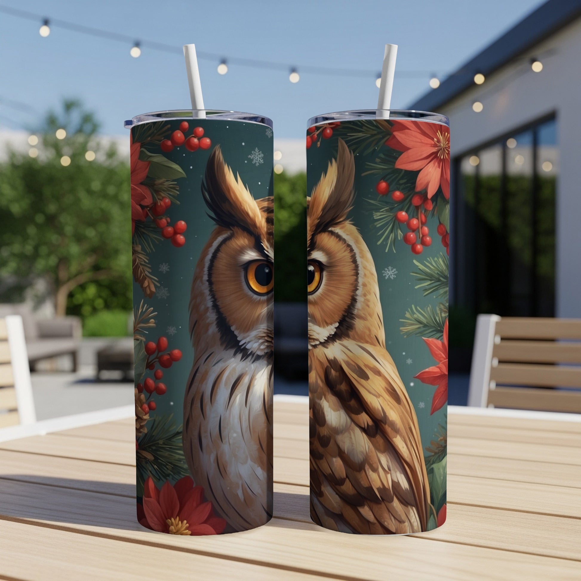 Two tumblers with a close-up owl and poinsettia design.
