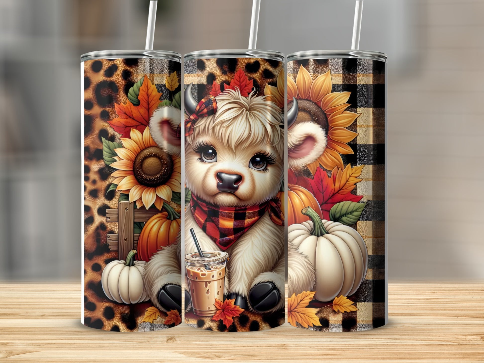 Fluffy white cow with plaid scarf, sunflowers, pumpkins, and coffee cup.