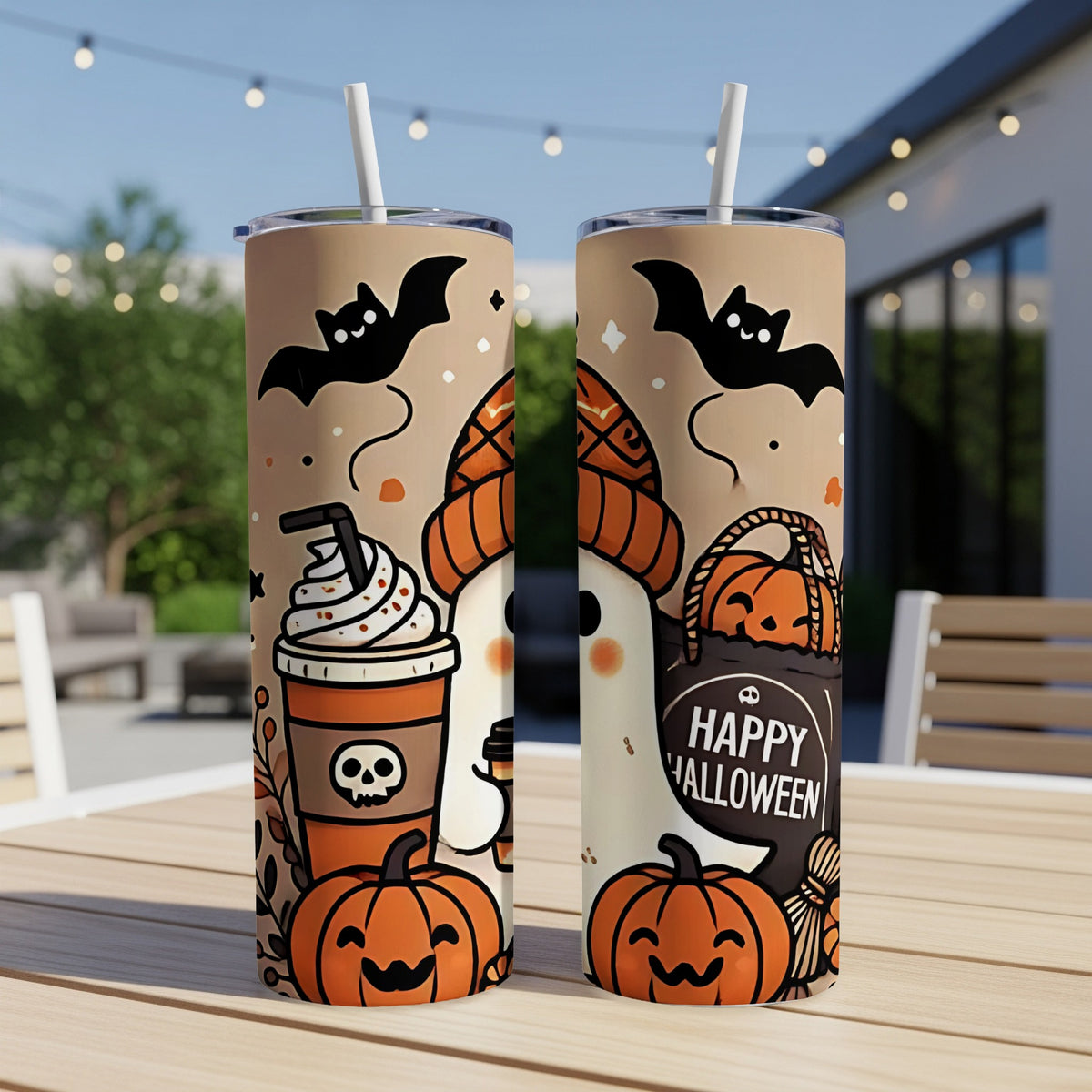 Two Halloween-themed tumblers with ghosts, pumpkins, bats, and "Happy Halloween" text.