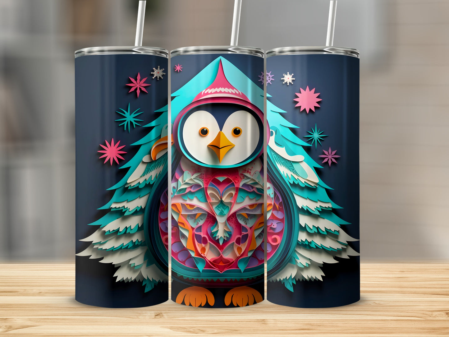 Three tumblers featuring a colorful, stylized penguin dressed as a Christmas tree.