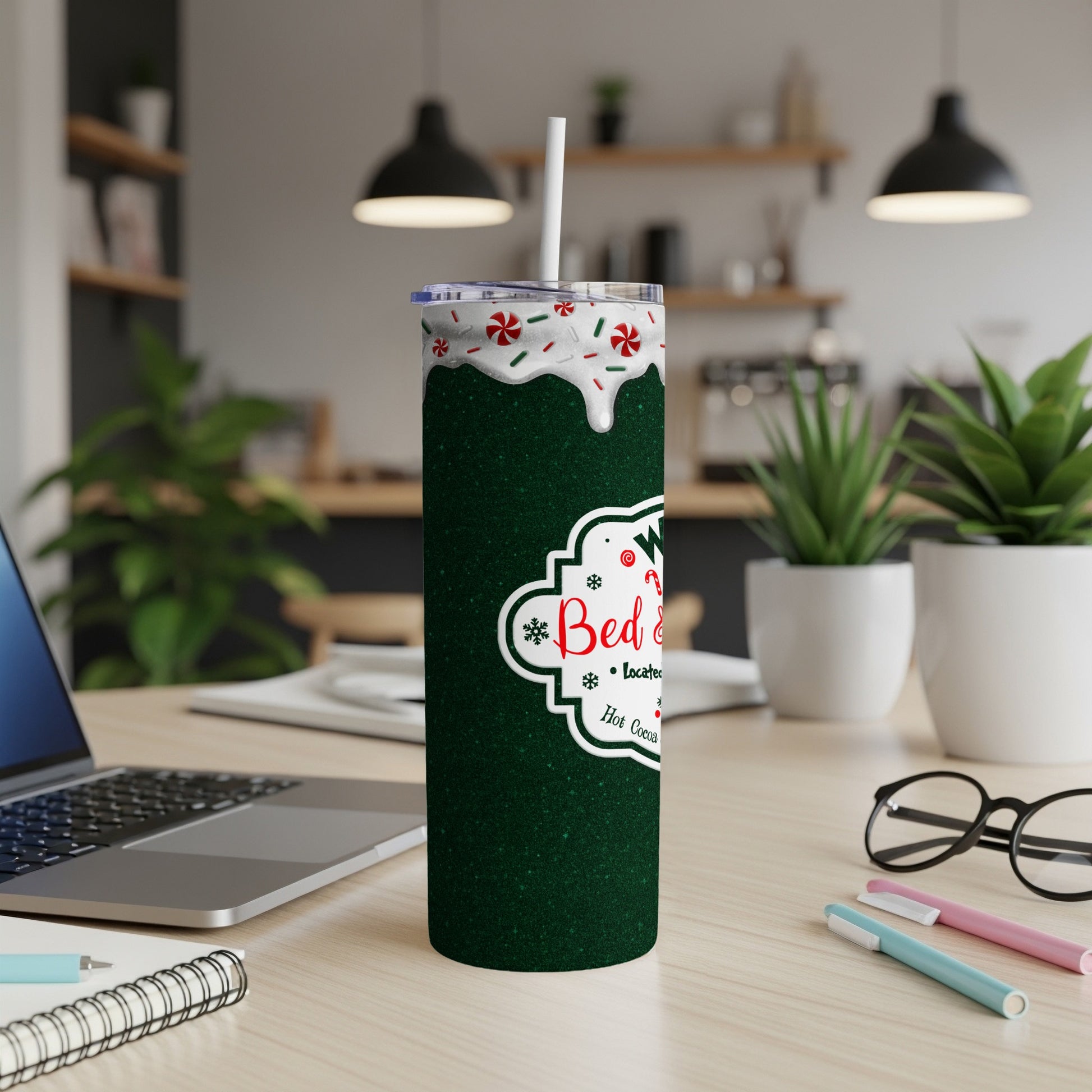 Dark green tumbler with "Bed & Breakfast" text, festive candy canes, and snowflakes.