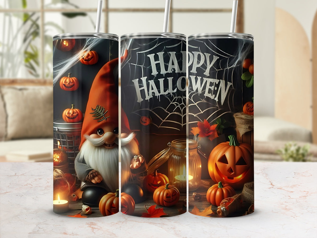 Halloween tumbler with a gnome, pumpkins, and "Happy Halloween" text.