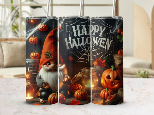 Halloween tumbler with a gnome, pumpkins, and "Happy Halloween" text.