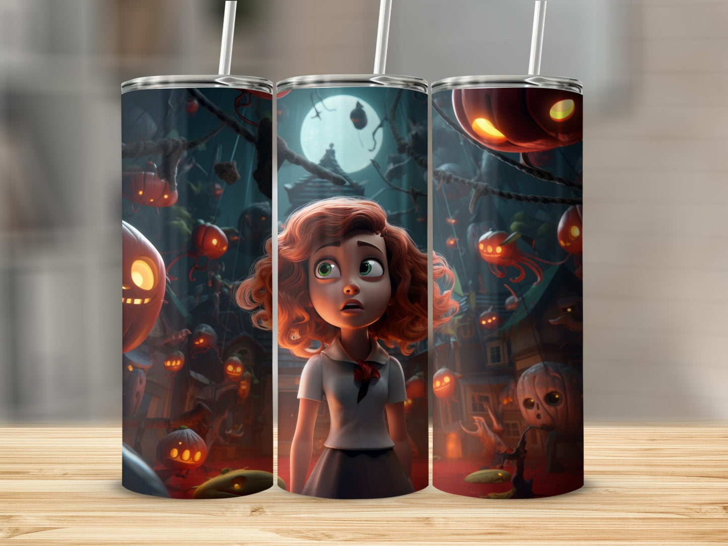 Three tumblers with a Halloween scene featuring a girl and jack-o'-lanterns.