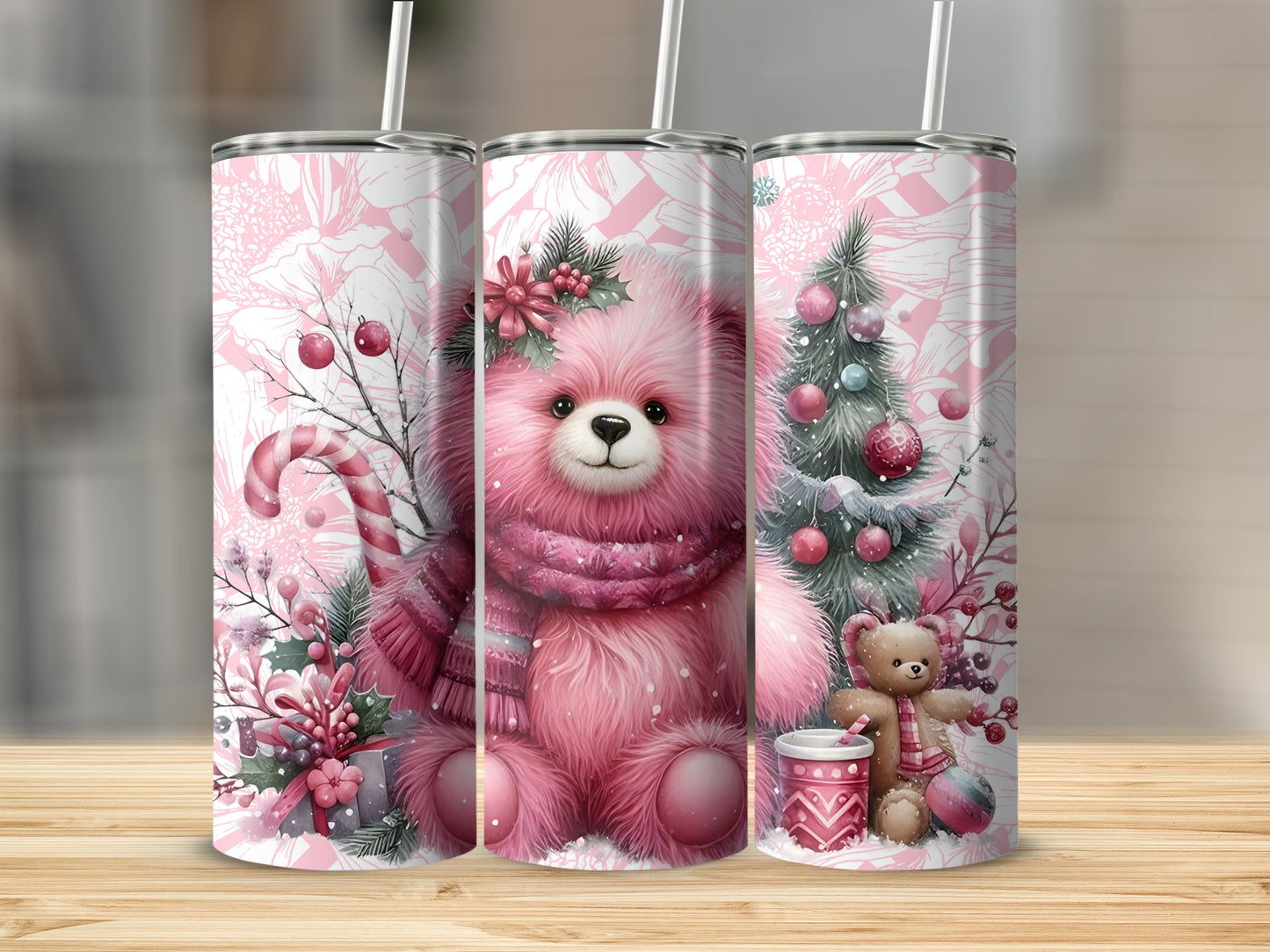 Adorable Pink Teddy Bear and Christmas Tree Tumbler