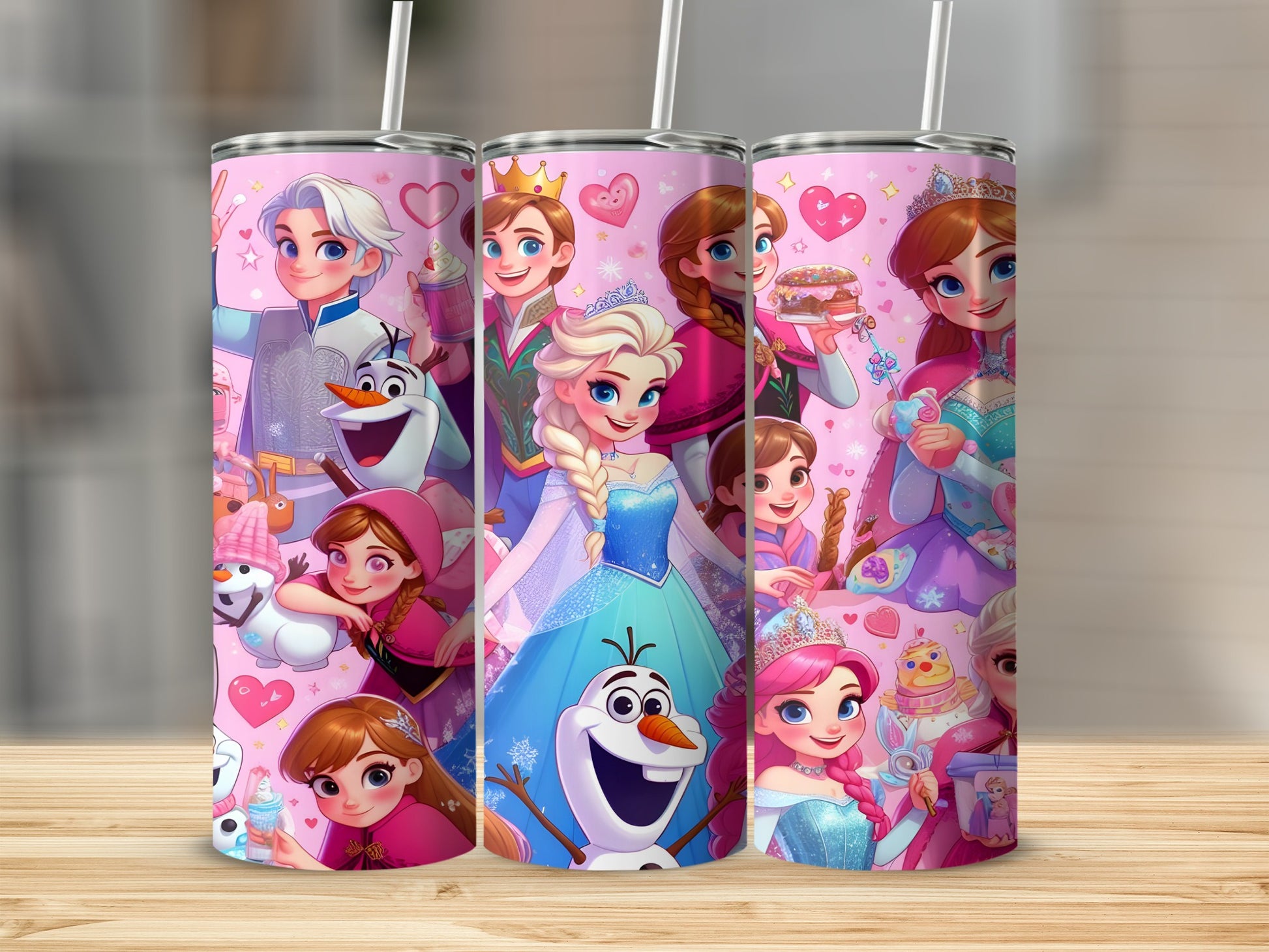 Tangled, Frozen, and Snow White characters on a pink tumbler.