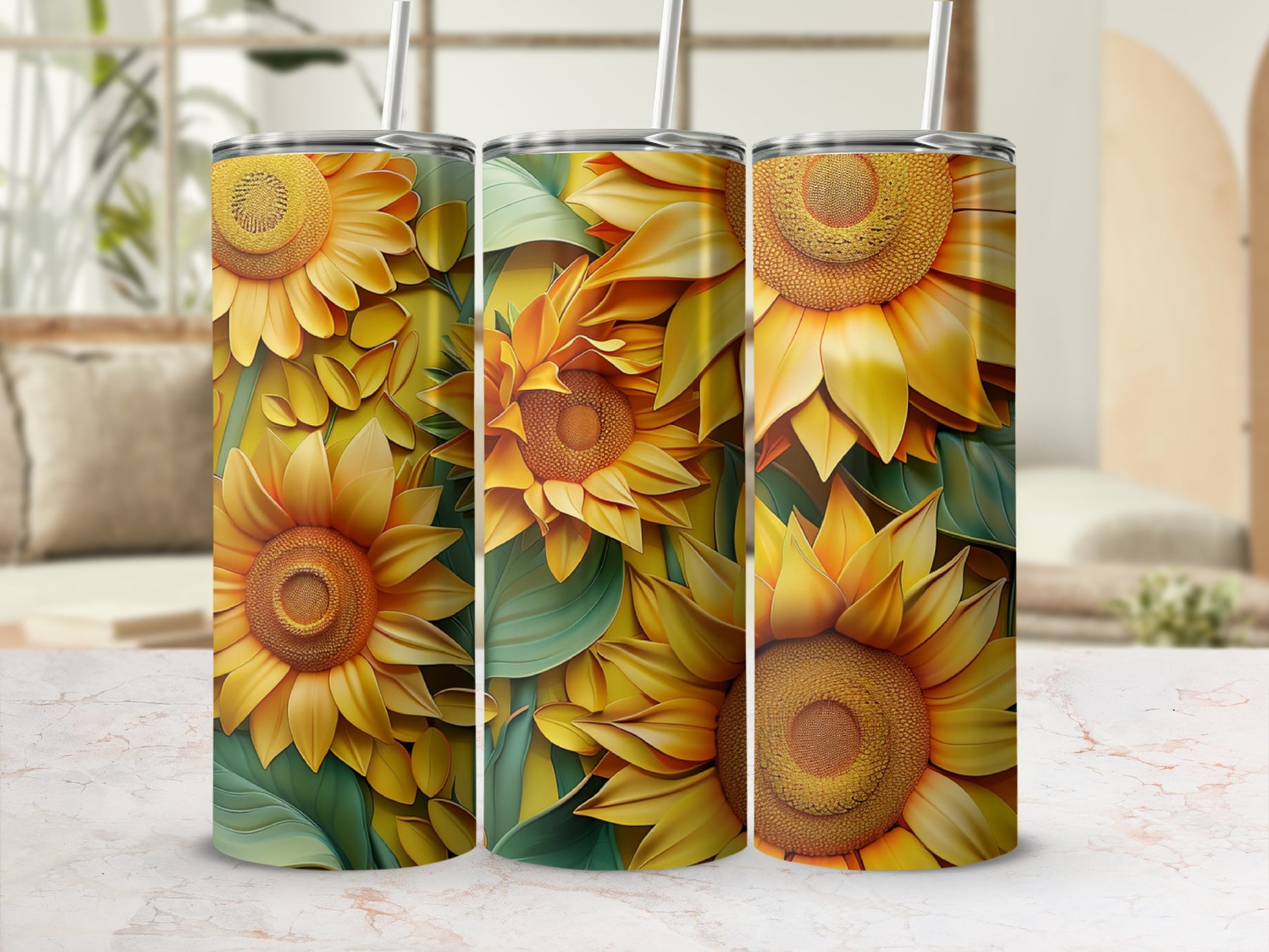 Three tumblers with a repeating sunflower and green leaf pattern.