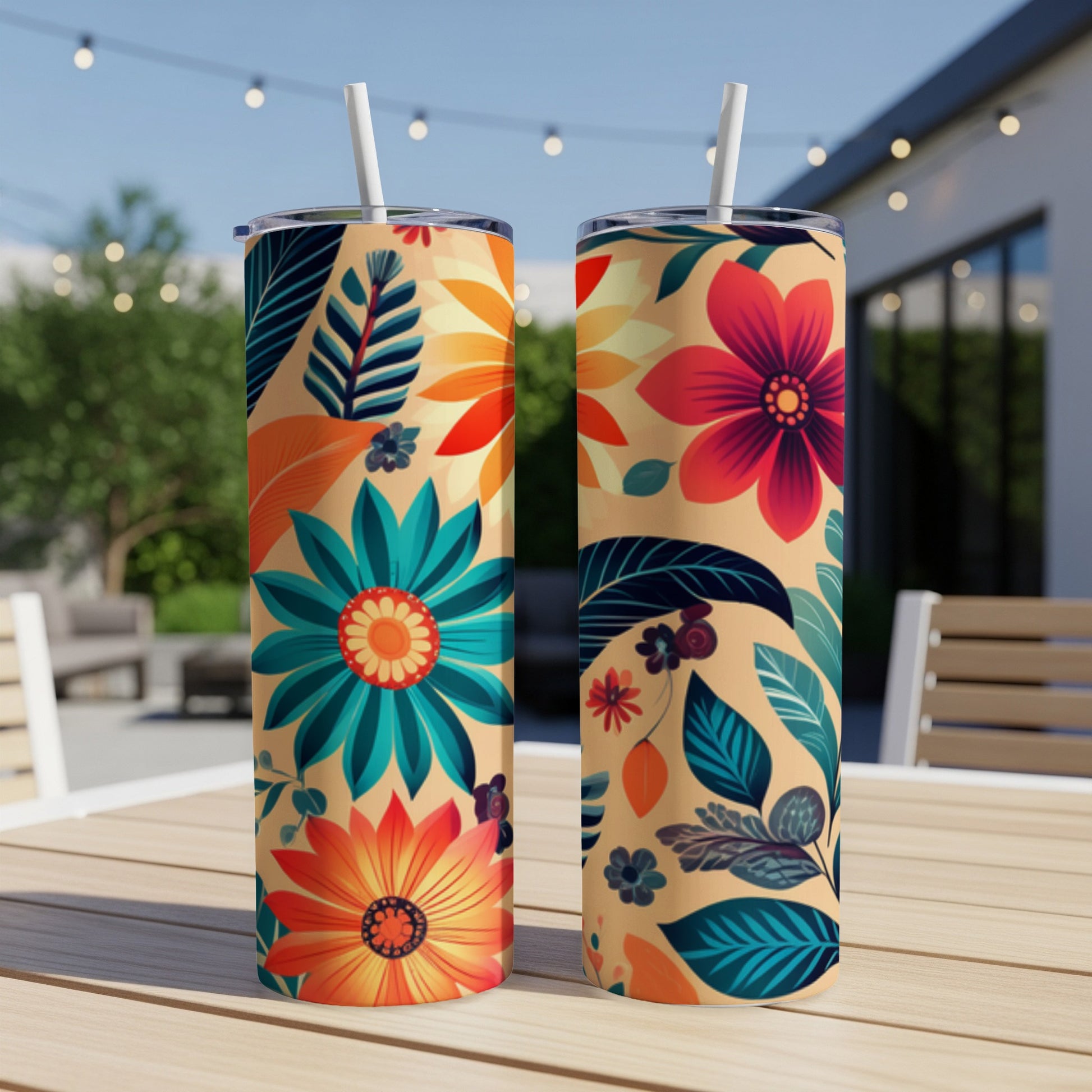 Two tumblers with a floral pattern featuring orange, teal, and red flowers.