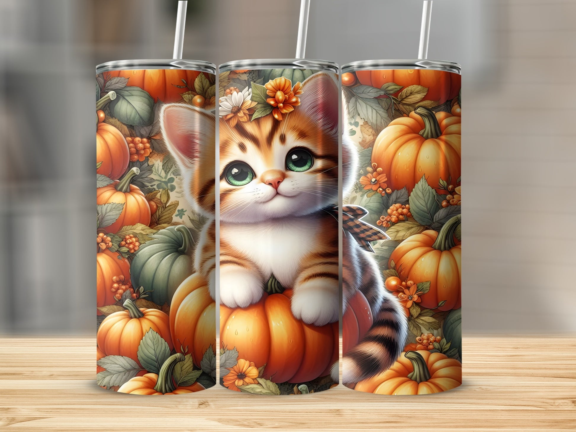 Tabby kitten sitting on a pumpkin, surrounded by autumn leaves and pumpkins.