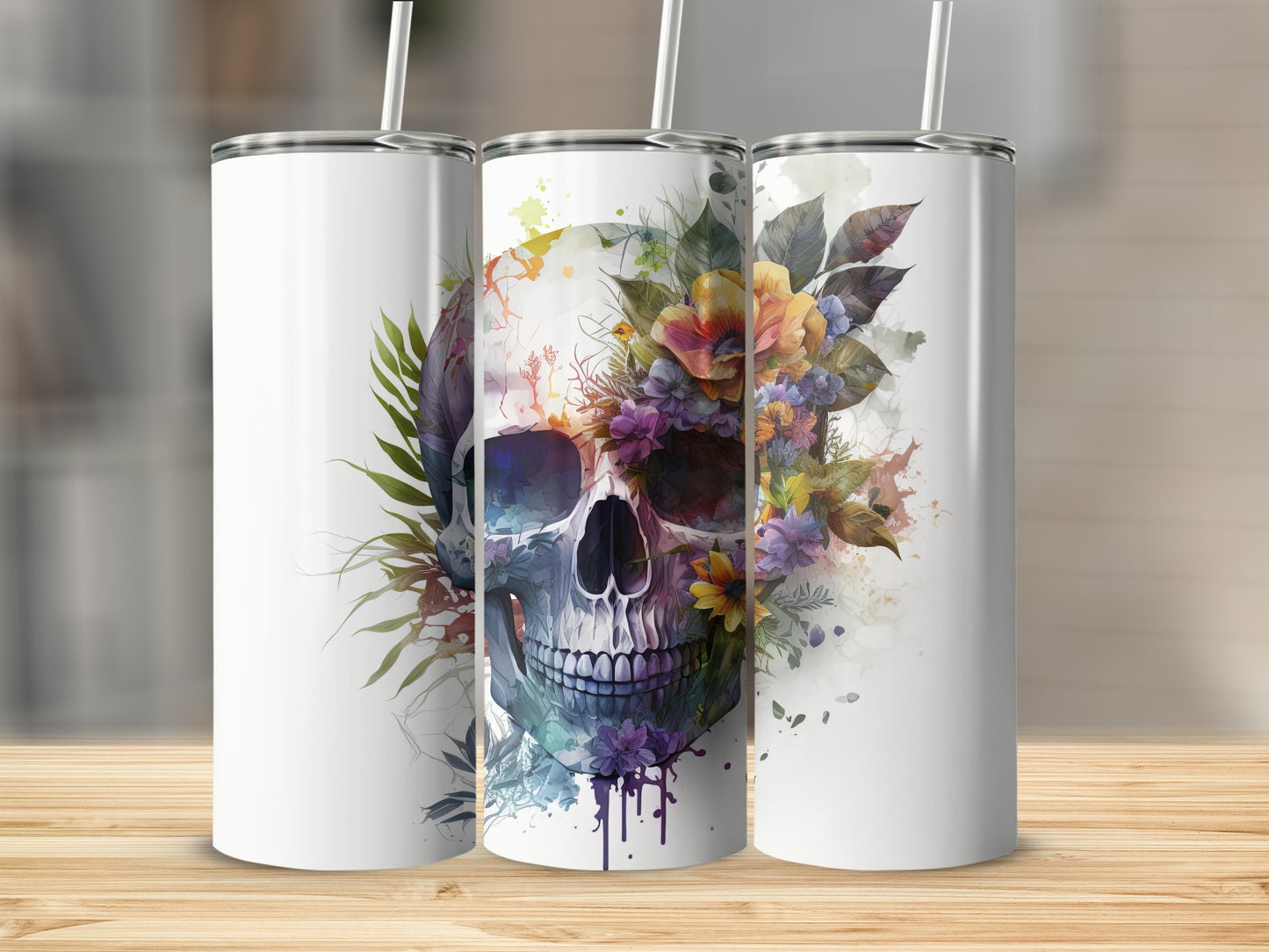 Floral Skull Art Tumbler with Straw