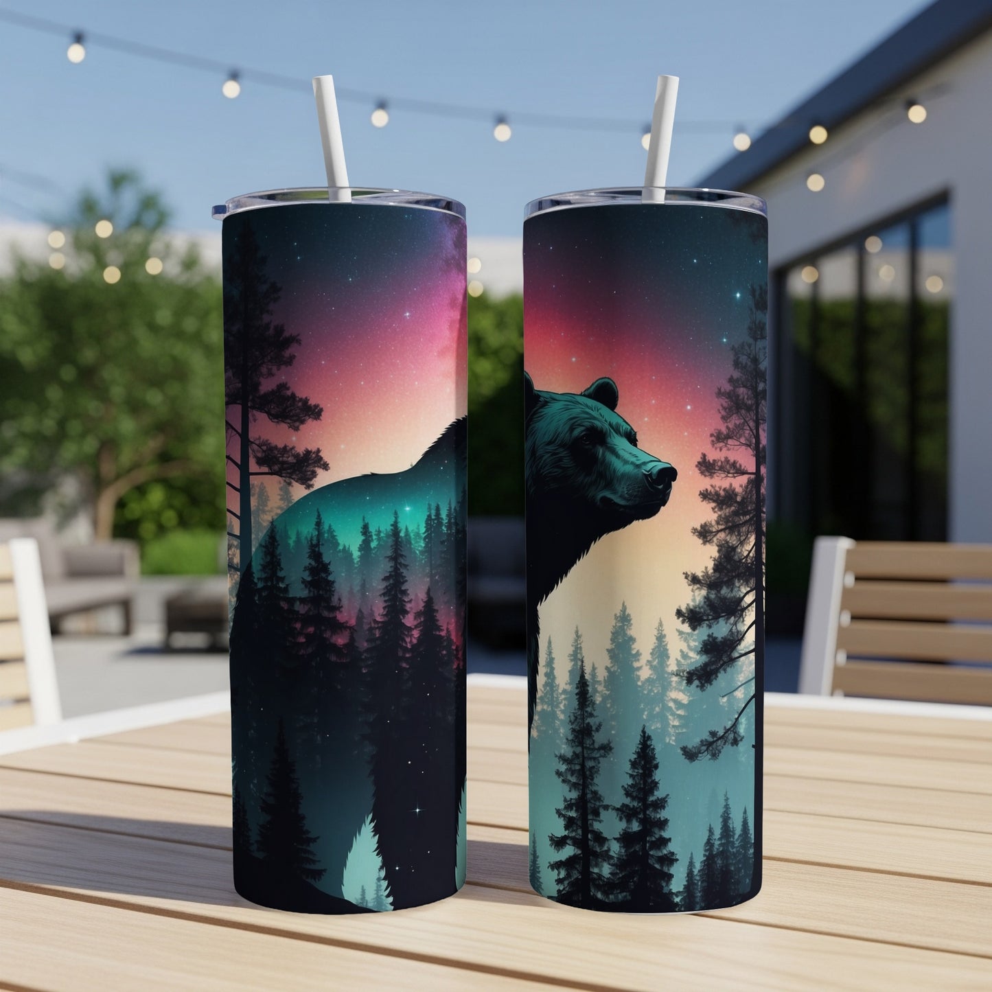 Bear silhouette against a starry forest night sky on a skinny tumbler.