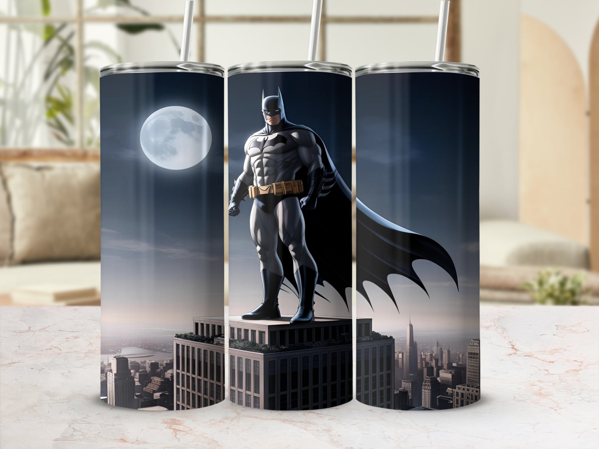 Batman standing on a skyscraper ledge at night, full moon behind him.