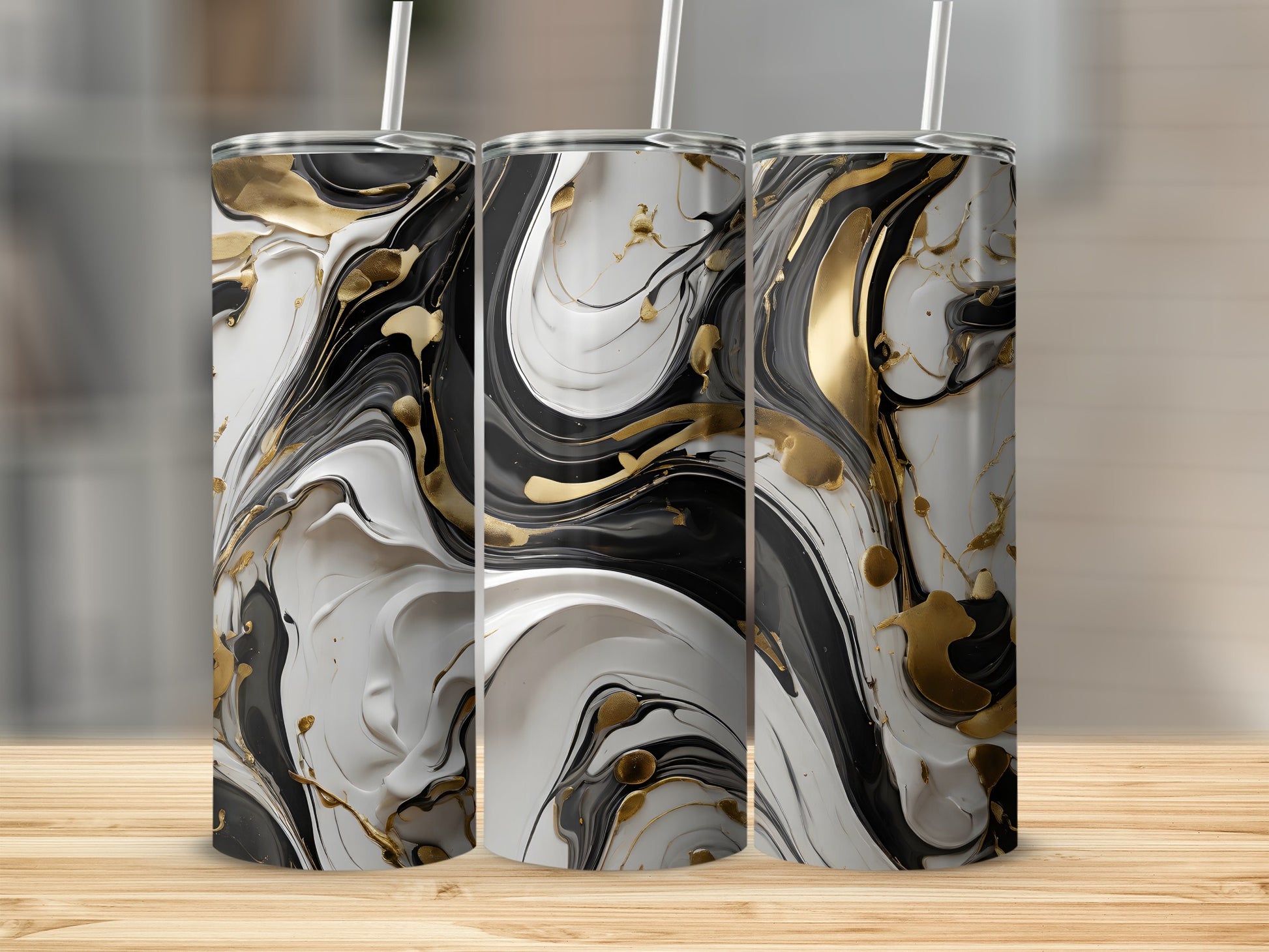 Abstract Swirl Black White Gold Tumbler Liquid Art product type
