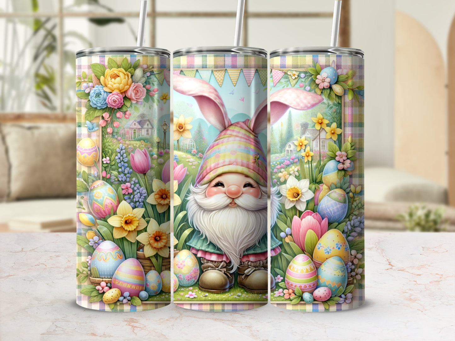 Easter gnome with bunny ears, colorful eggs, and spring flowers on tumbler.